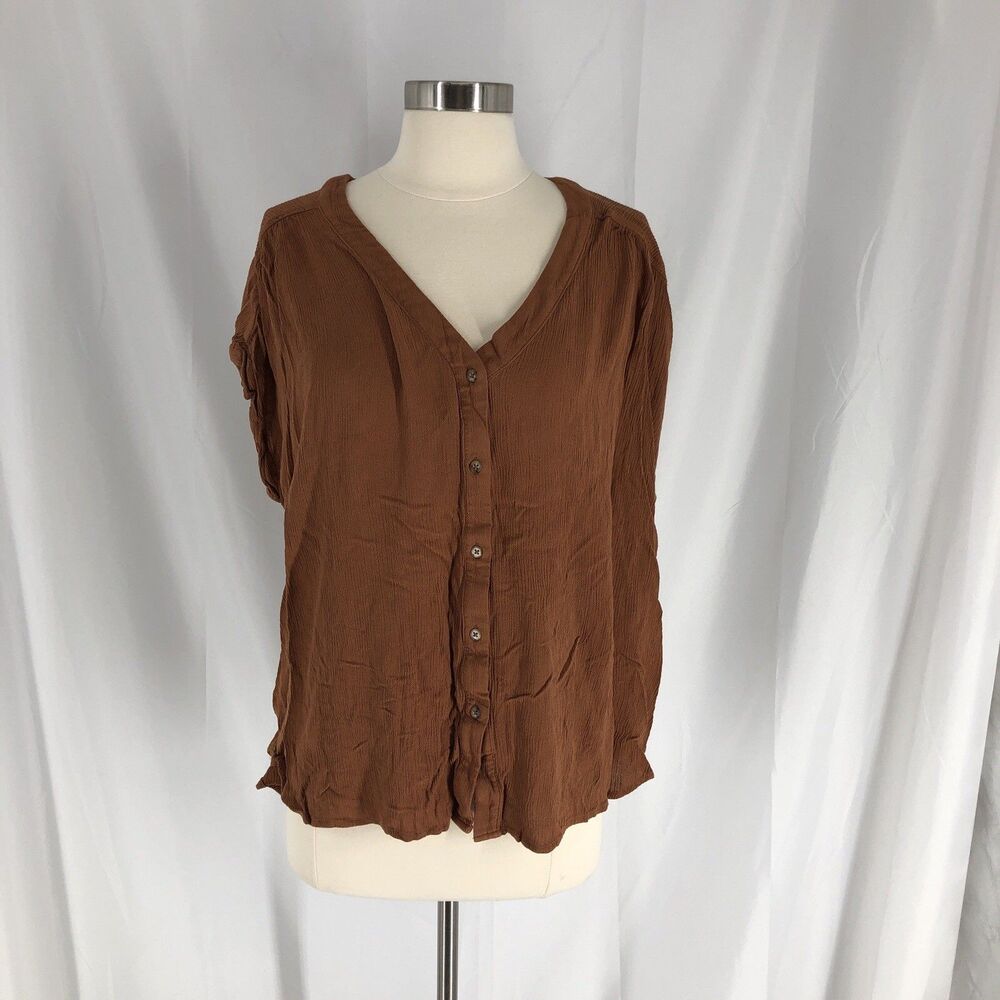 ORVIS Women’s Blouse X Large Flowy Amber Brown Button Up Short Sleeve